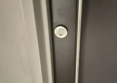 Brass deadbolt above a black lever handle on a timber door