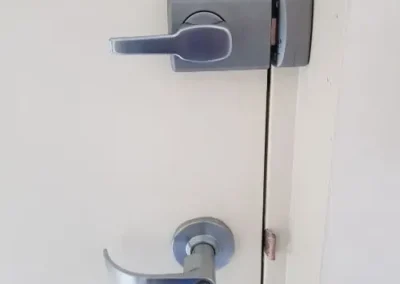 Brass lever handle on a white security screen door