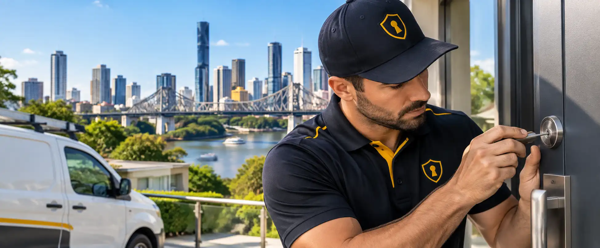 Locksmith working on entry door hardware Locksmith adjusting an entry door lock for North Brisbane mobile service