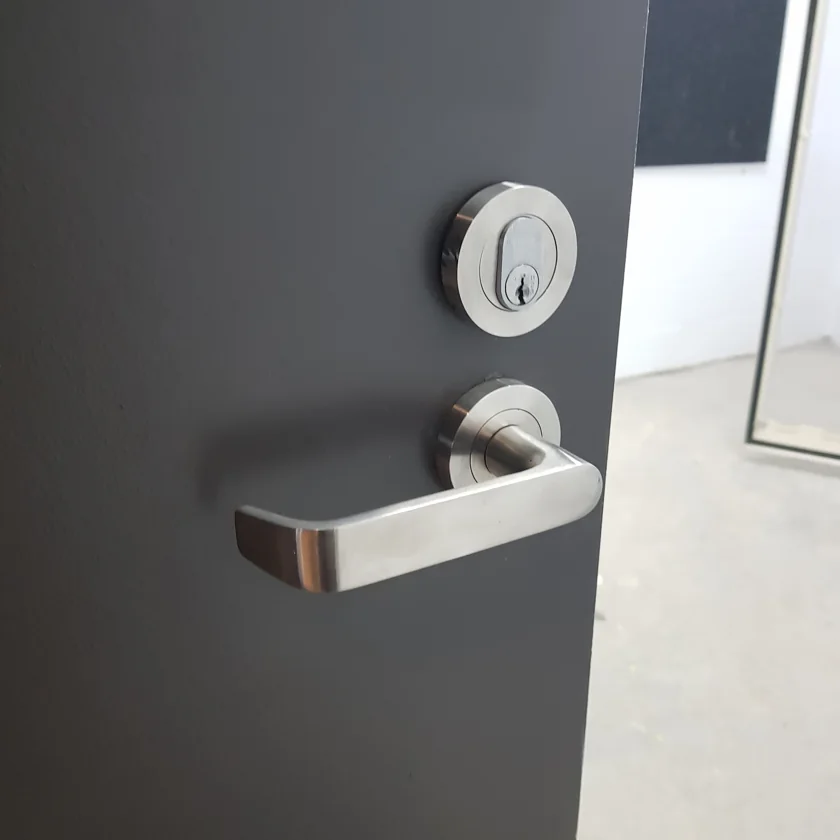 Silver lever handle and keyed lock on a dark-grey door