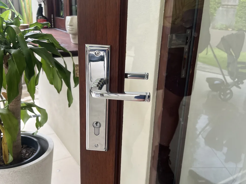 Close view of door lock and latch hardware for Ferny Grove locksmith services