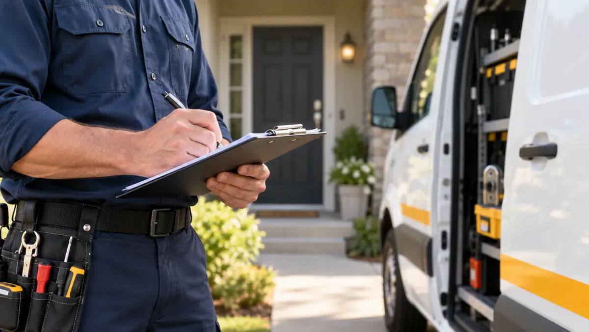 Locksmith property assessment Locksmith recording door hardware details on a clipboard outside a home