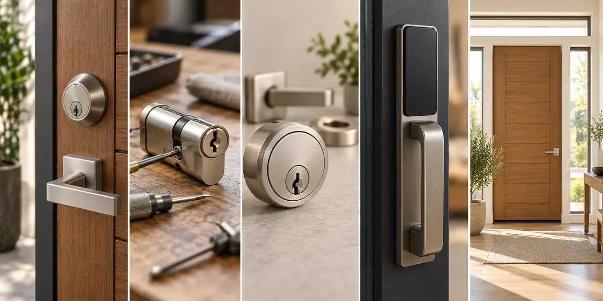 Illustrative residential and commercial door hardware Illustrative collage of residential and commercial entry door hardware including deadbolts, cylinders and smart handle