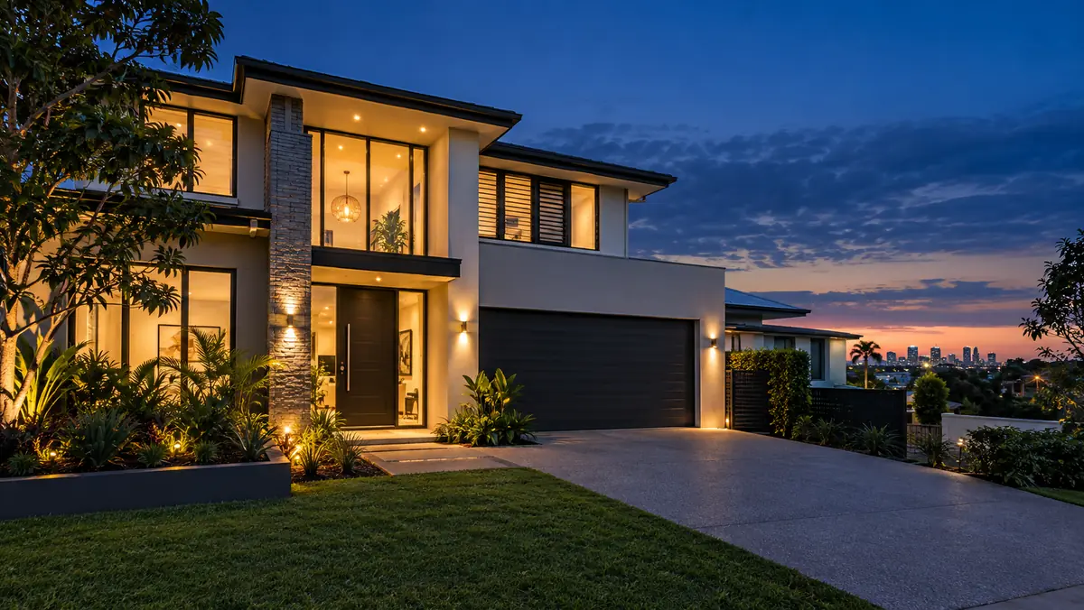 Modern home at dusk Modern two-storey home exterior illuminated at dusk