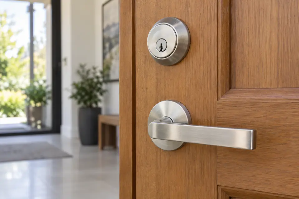 Residential lock installation Deadbolt and lever handle installed on a timber entry door