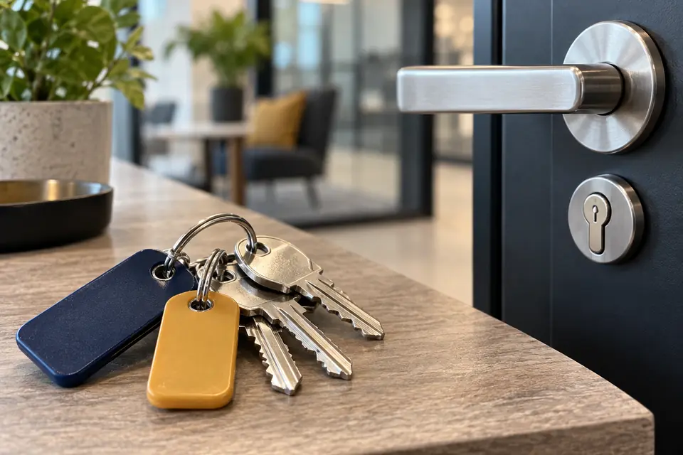 Master key system hardware Key set beside a commercial door handle and cylinder lock